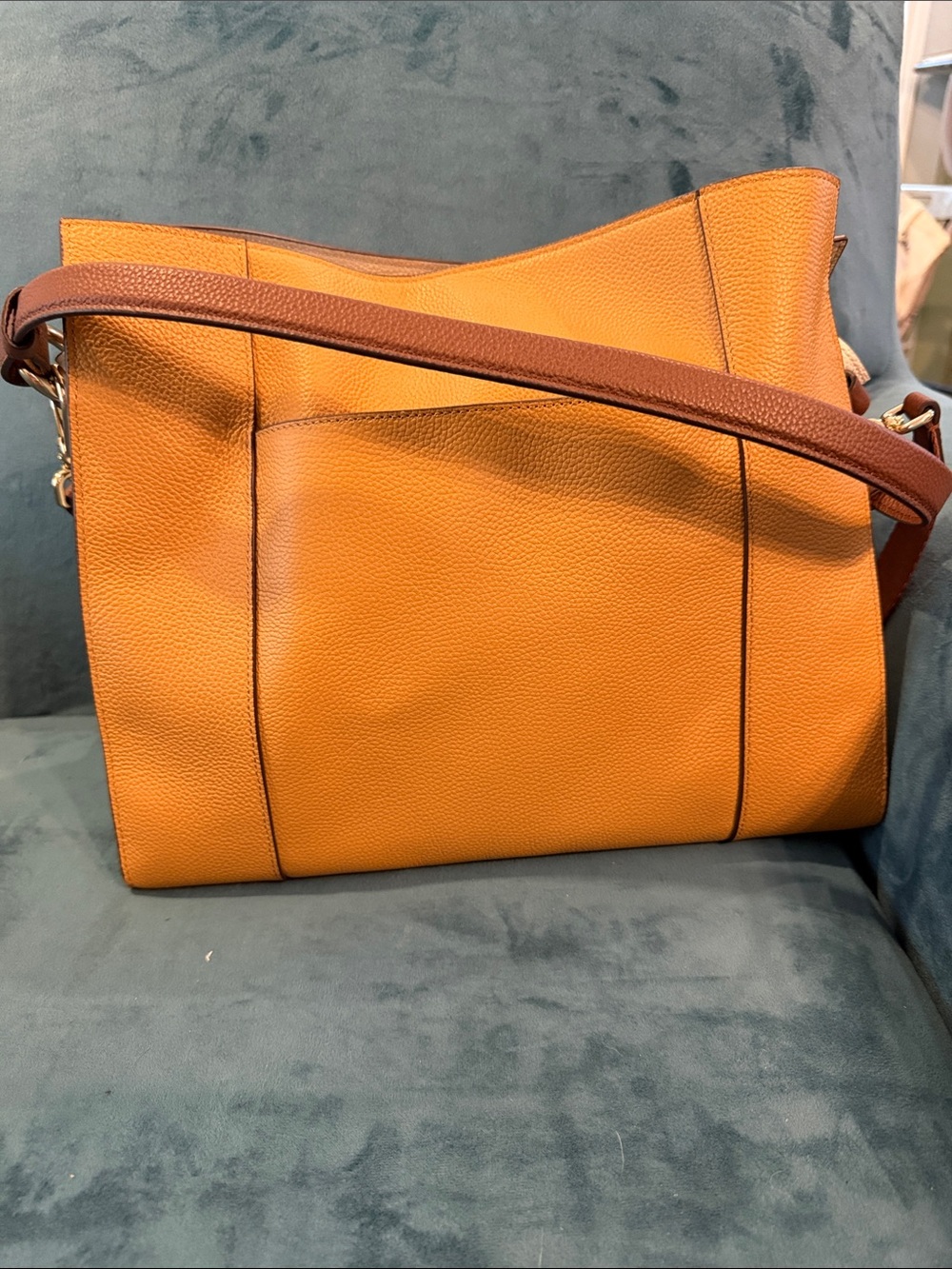 Cole Haan Pebbled Leather Shoulder Bag in Mustard Yellow with Brown Strap